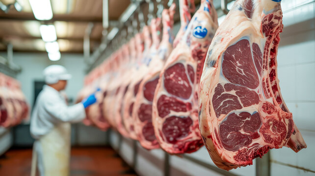 A close-up photograph of hanging beef carcasses in a meat processing facility