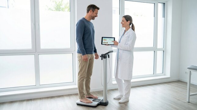 A doctor shows a patient his health data on a tablet after a body composition scan. This represents modern preventative medicine and wellness check-ups. Ideal for health articles or clinics.