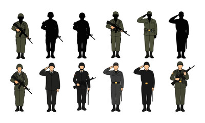 Obraz premium Military soldier characters and silhouettes in various standing and saluting poses