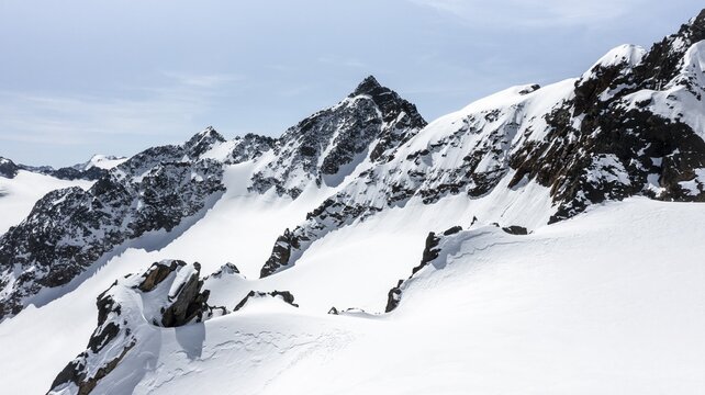 Schrandele and Wildgradspitze, high mountains with glacier Lisener Ferner, mountains in winter, aerial view, Stubai Alps, Tyrol, Austria