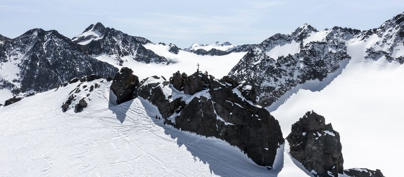 Vorderer Wilder Turm, high mountains with glacier Lisener Ferner, mountains in winter, aerial view, Stubai Alps, Tyrol, Austria