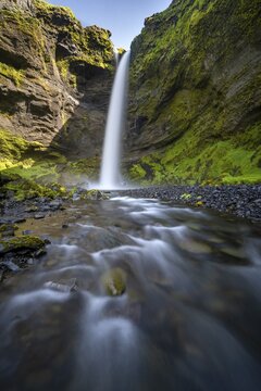 Kvernufoss waterfall, in summer when the weather is fine, gorge and river, Skogar, Sudurland, South Iceland, Iceland