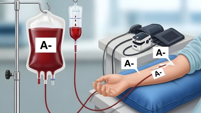 Realistic hospital scene of an A negative blood transfusion in progress, showing IV blood bag, infusion set, patient arm, monitoring equipment, and labeled A‑ blood type for training in clinical nursi