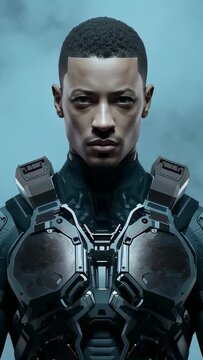 Vertical video: Armored man holding gaze in studio as cam zooming, halo forming, showing spine