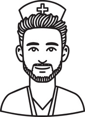 Obraz premium Hand Drawn Man as Nurse Black and White Avatar Illustration in Minimal Line Art Style Design