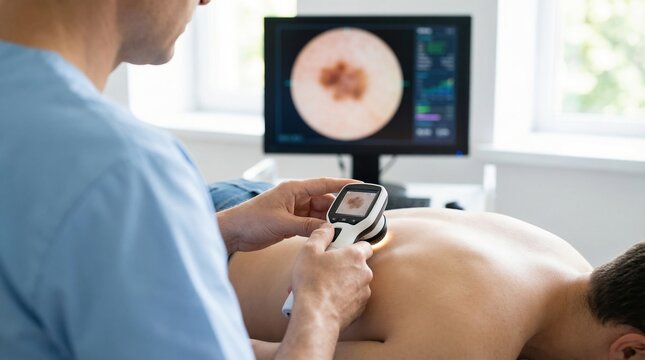 Doctor uses a dermatoscope to examine a mole on a patient's back, with a magnified view on screen. Essential for early skin cancer detection and health check-ups.