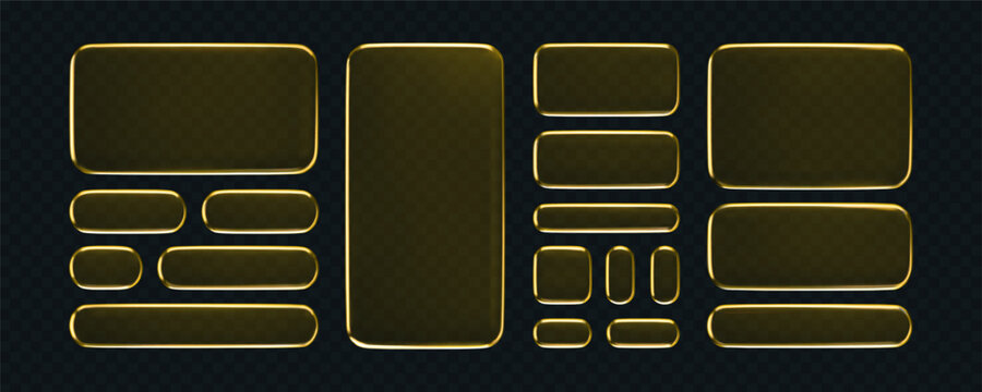 3D orange liquid glass buttons with transparent neon futuristic effect, isolated on dark background. Yellow liquid glass frame, UI UX elements for phone app or game interfaces. 3D tech digital vector