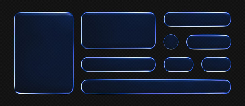 3D blue liquid glass buttons with a transparent neon futuristic effect, isolated on dark background. Shine liquid glass frame, UI UX elements for phone app or game interfaces. 3D tech digital vector