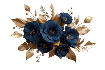Naklejka premium Elegant navy blue and golden floral bouquet design, luxury botanical arrangement, transparent background