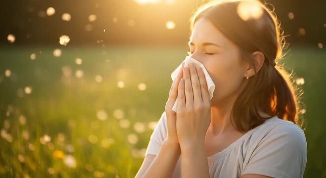 Young woman sneezing into tissue in sunny outdoor field, suffering from pollen allergy