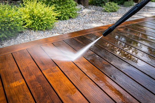 Pressure washer cleaning wooden deck outdoors, removing dirt and restoring natural wood color, symbolizing professional exterior cleaning, home maintenance, patio care, and residential property upkeep