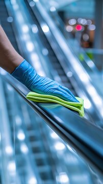 Person Cleaning Handrail on Escalator
