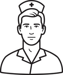Obraz premium Hand Drawn Man as Nurse Black and White Avatar Illustration in Minimal Line Art Style Design