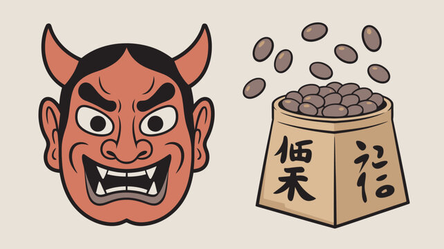 A cartoon illustration of a red demon face and a bag of beans with Asian characters on it