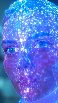 Vertical video: Lights on woman wearing lit collar revealing blue dots across face studio shoot