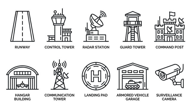 Collection of military and airport infrastructure icons representing various facilities like runways, control towers, and command posts