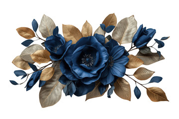 Naklejka premium Blue floral arrangement with gold leaves, elegant design for wedding invitations and luxury decor, transparent background