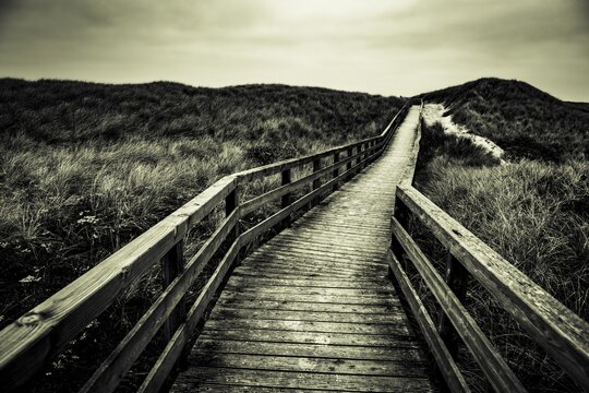 Footbridge in dune landscape, Rantum, Sylt Island, Germany