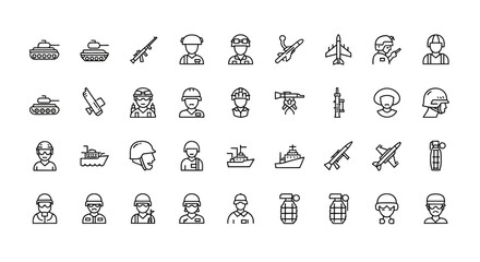 Fototapeta premium Military Icons Set: Tanks, Soldiers, Aircraft, Ships, Weapons, Grenades