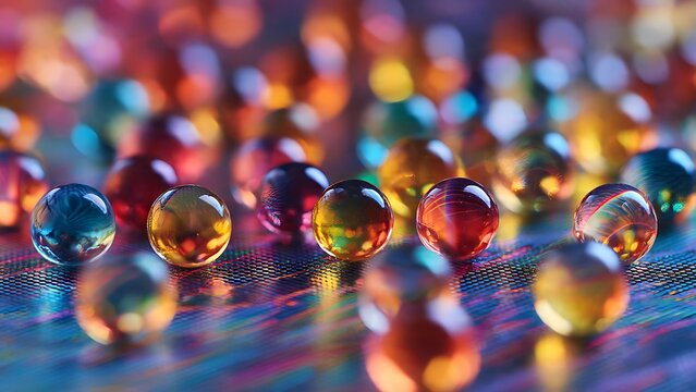 Colorful glass marbles arranged on reflective surface creating vibrant abstract background