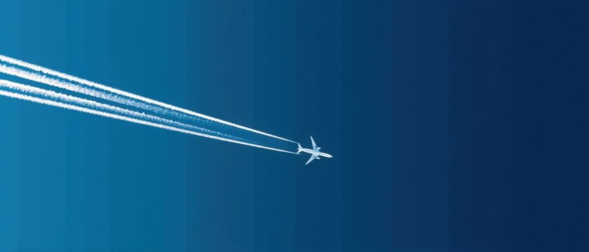 Airplane flying high in clear blue sky leaving long white contrails across the frame.