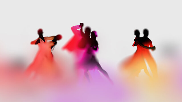 Ballroom dance couple silhouettes in colorful blur gradient light effect. Visual for dance school advertising, performance posters, cultural events and entertainment branding.