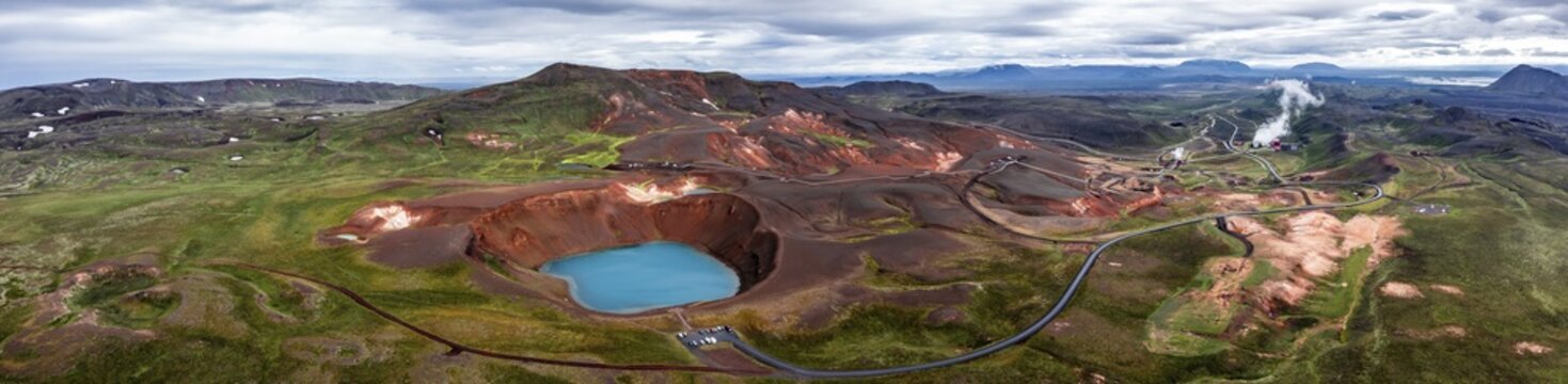 Aerial view of volcanic crater, volcanic lake, crater lake Viti at central volcano Krafla, Myvatn, North Iceland, Iceland