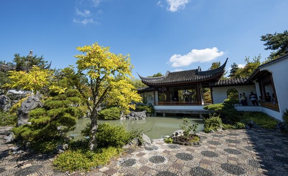 Garden with pond, Traditional Chinese Pagoda in the Dr. Sun Yat-Sen Classical Chinese Garden, v, Vancouver, British Columbia, Canada