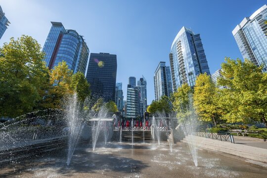 Fountain in Spray Park and SKyline with skyscrapers, Harbour Green Park, Vancouver, British Columbia, Canada