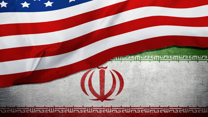 Naklejka premium United States flag waving over a textured Iranian flag on a concrete wall, representing geopolitics, international relations, and diplomatic tension between the two nations