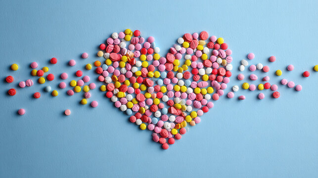 Heart made of scattered colorful candy pieces on blue background love concept for valentine marketing social media campaigns branding and festive visuals