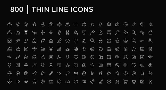 Collection of 800 minimalist thin line icons on black background.