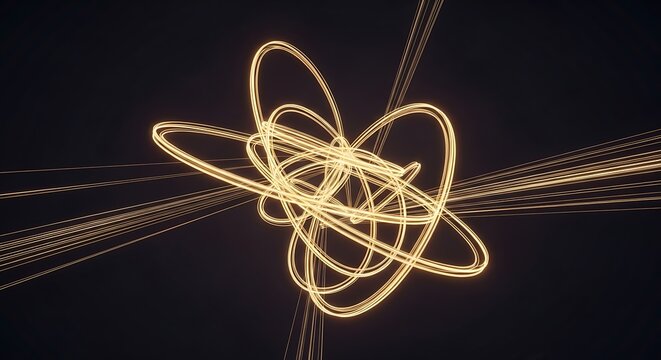 Illuminated loops and light trails create an abstract, dynamic composition on dark background