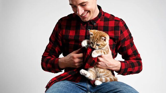 Man Holding Orange Cat with Red Plaid Scarf.