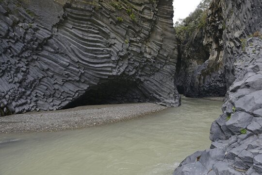 Lava rock in the Gole dell Alcantara, Parco fluviale dell Alcantara, Sicily, Italy