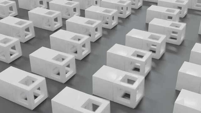 Abstract 3D grid-based composition of white cubes in rows and columns on dark gray surface, producing futuristic conceptual minimal design with geometric balance and motion rhythm