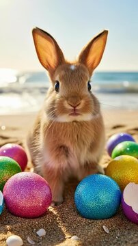 Adorable brown bunny on a sandy beach with colorful glittery Easter eggs for a tropical holiday