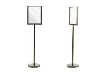 Fototapeta premium Professional floor-standing metallic sign holders with circular bases and empty white frames for menus or directional information, isolated on white background