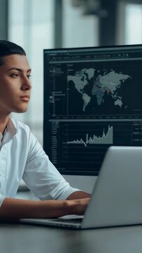Vertical video: Seeing laptop data point man in white shirt pointing typing checking office monitor