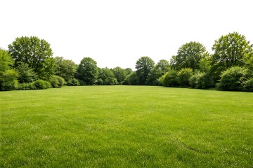 Obraz premium green grass on white backgroundWide green meadow with trees and bushes isolated on a white background.