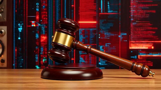 Wooden gavel on digital code background