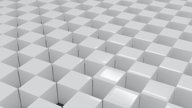 Abstract 3D background with white cubes aligned in rows and columns across dark gray surface, creating futuristic conceptual minimal design with geometric balance and motion rhythm