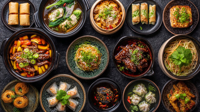 An assortment of Asian dishes beautifully arranged for a buffet display
