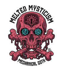 Fototapeta premium Melted mysticism mechanical goth skull and crossbones T-shirt design with intricate details and gears isolated T-shirt Design