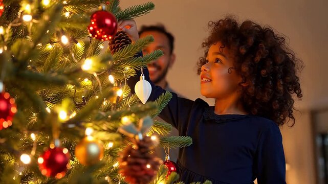 Child decorating Christmas tree with adult
