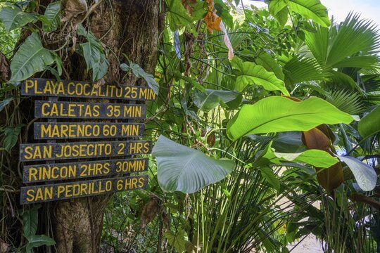 Signs with walking times, Drake Bay, Puntarenas Province, Costa Rica