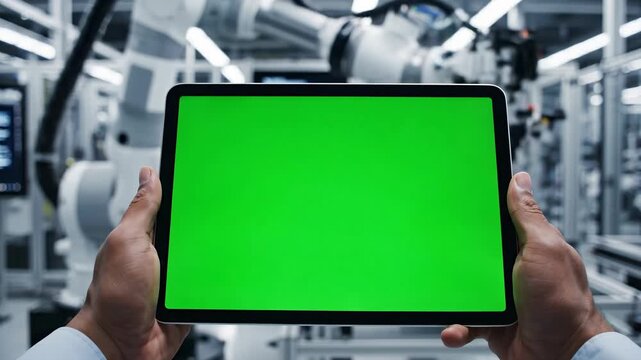 Hand Holding Tablet Green Screen Modern Factory, Technology Innovation, Digital Display, Industrial Automation, Robotics, Robot Arm, Digital Control