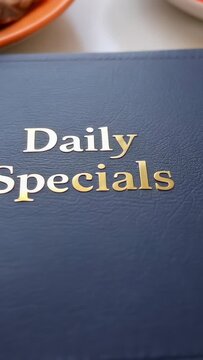 Vertical video: Zooming camera showing navy menu book on white table, revealing gold Daily Specials
