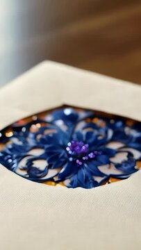 Vertical video: Pulling hand lifting ornament from envelope on table, revealing blue flower motif