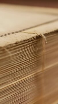 Vertical video: Sliding camera approaching page block in room, revealing top sheet mark and fibers